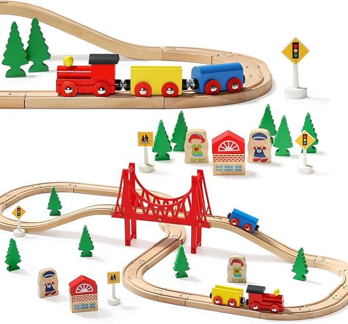 SainSmart Jr. Wooden Train Set - Interactive Police Playset for Kids | Building Toy with Train, Figures & Accessories | Compatible with Brio, Thomas, Melissa and Doug | Educational STEM Gift (Village)