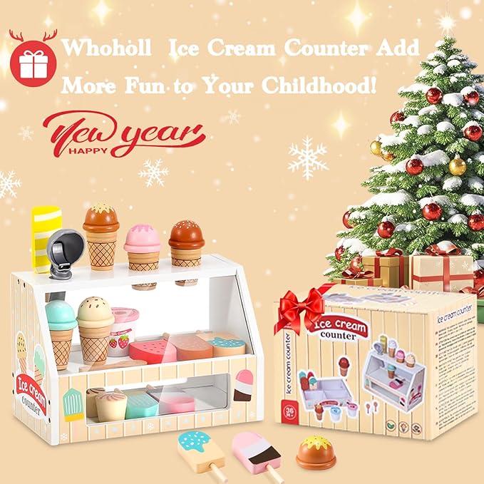 WHOHOLL Wooden Ice Cream Counter Playset for Toddler Girl Toys, Play Store Pretend Toy Food Play Kitchen Accessories with Fake Money & Coin, Gifts for 3-8 Year Old Kids