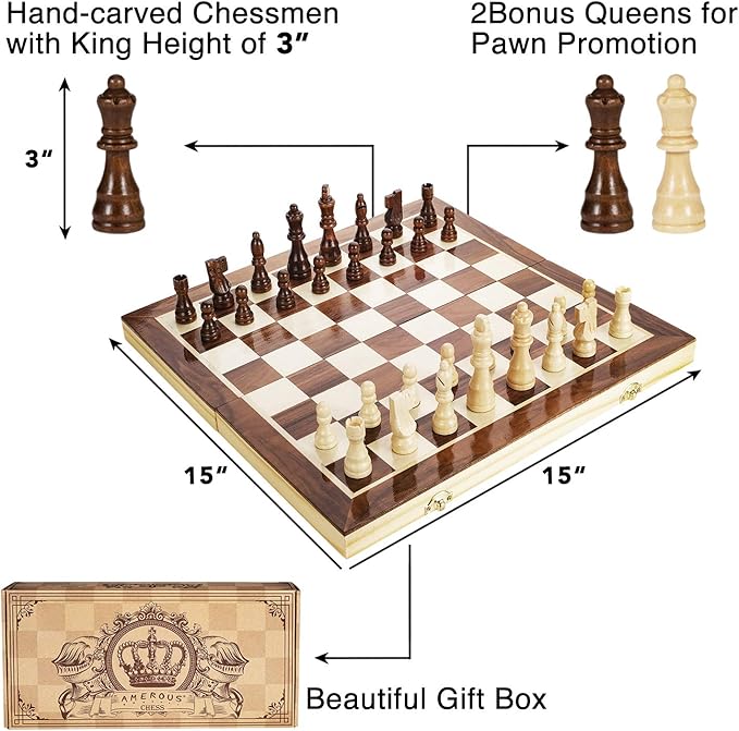 AMEROUS 15 Inches Magnetic Wooden Chess Set - 2 Extra Queens - Folding Board - Pieces Storage Slots, Handmade Portable Travel Chess Game - Beginner Chess Set for Kids, 6 up Age
