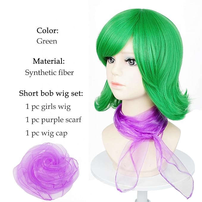 Probeauty Short Green Wig for Kids Cosplay, Green Bob Costume Wig for Halloween Cosplay Party with Scarf