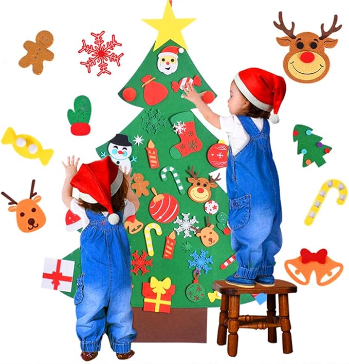 Max Fun DIY Felt Christmas Tree Set Plus Tic-Tac-Toe Games for Kids Toddlers Wall Hanging Decorations Felt Craft Kits for Xmas Party Favors