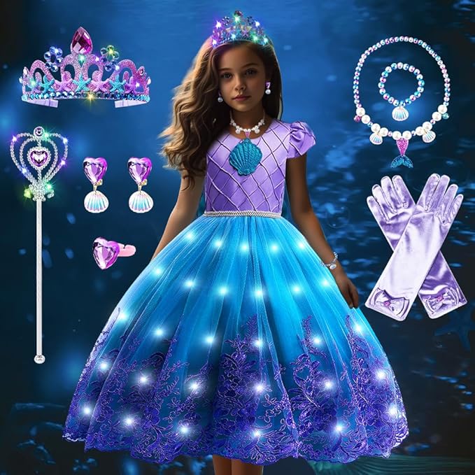 TOLOYE Princess Dresses for Girls, Light Up Mermaid Unicorn Costume Dress with Accessories for Halloween Carnival Cosplay
