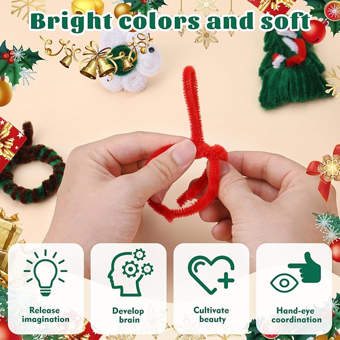 LOKUNN Pipe Cleaners, 200 Pcs Dark Green Pipe Cleaners Craft Set, Solid Color Chenille Stems, DIY Arts and Crafts with Adhesive Eyes and Storage Box, Christmas Halloween Decoration Art Supplies