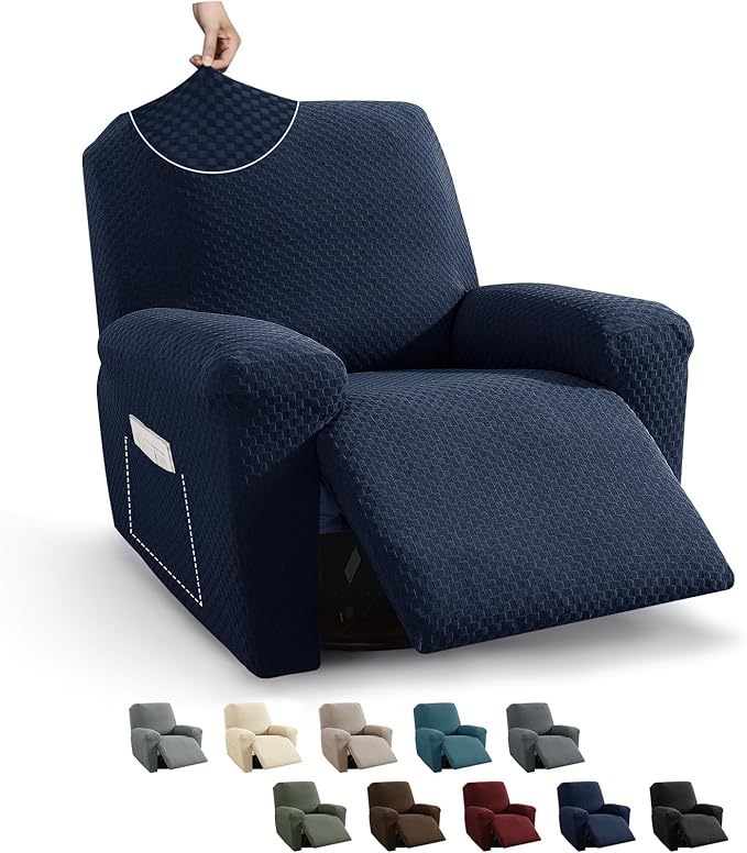 MAXIJIN Recliner Cover Slipcovers for Living Room 4 Pieces Stretch Jacquard Recliner Chair Cover Soft Fitted Recliner Protector with Elastic Bottom for Kids, Pets (Recliner, Navy Blue)