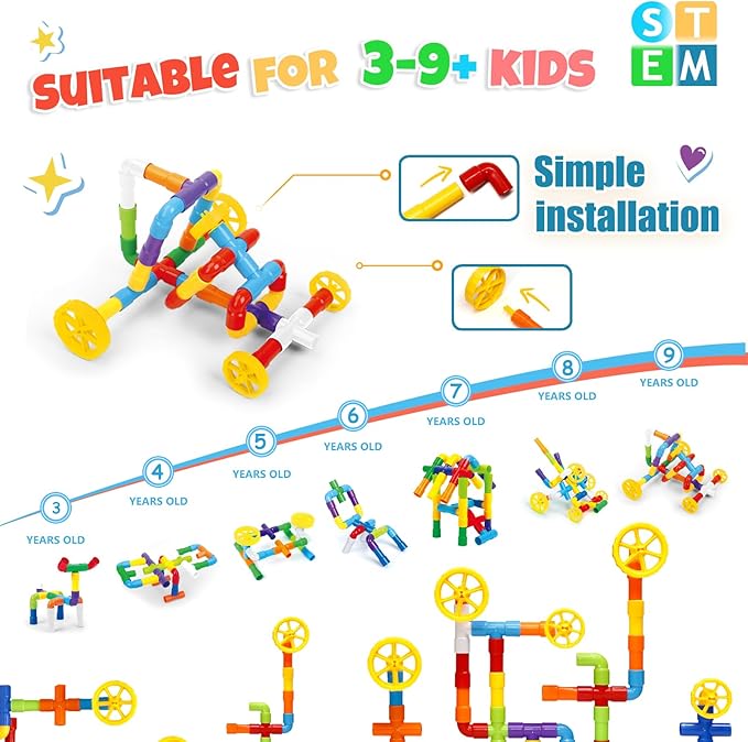 STEM Building Toy for Toddlers 106Pieces Tube Pipe Toy,Educational Preschool Game for 3+ Years,Learning Building Blocks Play with Storage Box Gift Kit,Montessori Toys for Boys & Girls