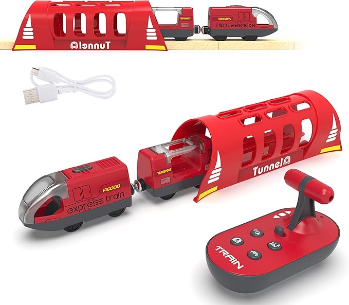 Toy Train Set Remote Control Locomotive Train, Motorized Train for Wooden Track, Electric Train and Tunnel with Sound & Lighting Effect, Magnetic Trains Compatible with Thomas, Brio, Chuggington
