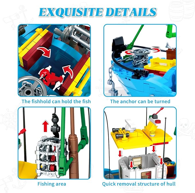 Fishing Boat Building Blocks Sets, Pirate Ship Sea Fishing Building Block Toy Set Collection Show, Creative Gifts Toys for Boys and Girl Ages 6-12 Years Old and up, 645 PCS