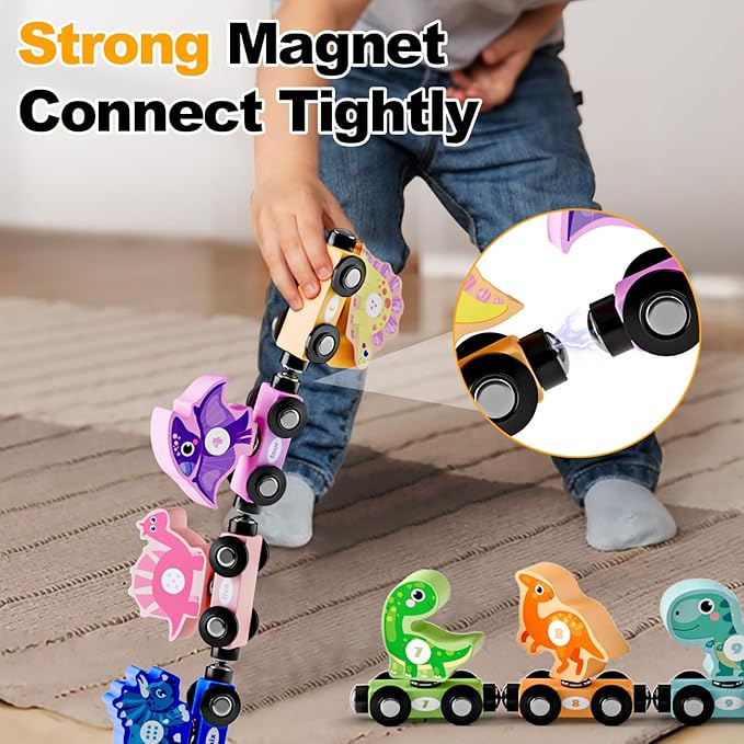 Magnetic Wooden Train Toys for 2 Year Old Boy Gifts, Snap Matching Dinosaur Toy Train for Toddlers 3-5, Dinosaur Toys for Kids 2-4 - Learning Montessori Toys for Toddler Boy Girl Birthday Gifts