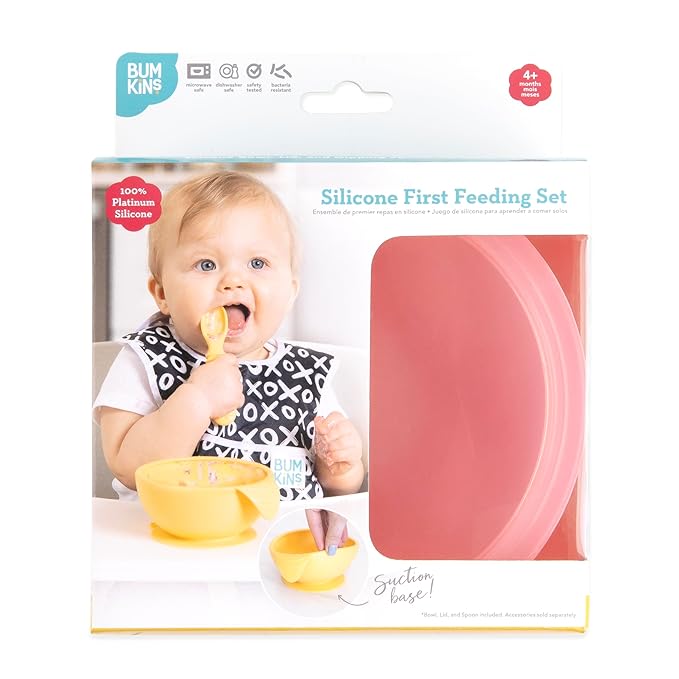 Bumkins Baby Bowl, Silicone Feeding Set with Suction for Baby and Toddler, Includes Spoon and Lid, First Feeding Set, Training Essentials for Baby Led Weaning for Babies 4 Months Up, Pink Jelly