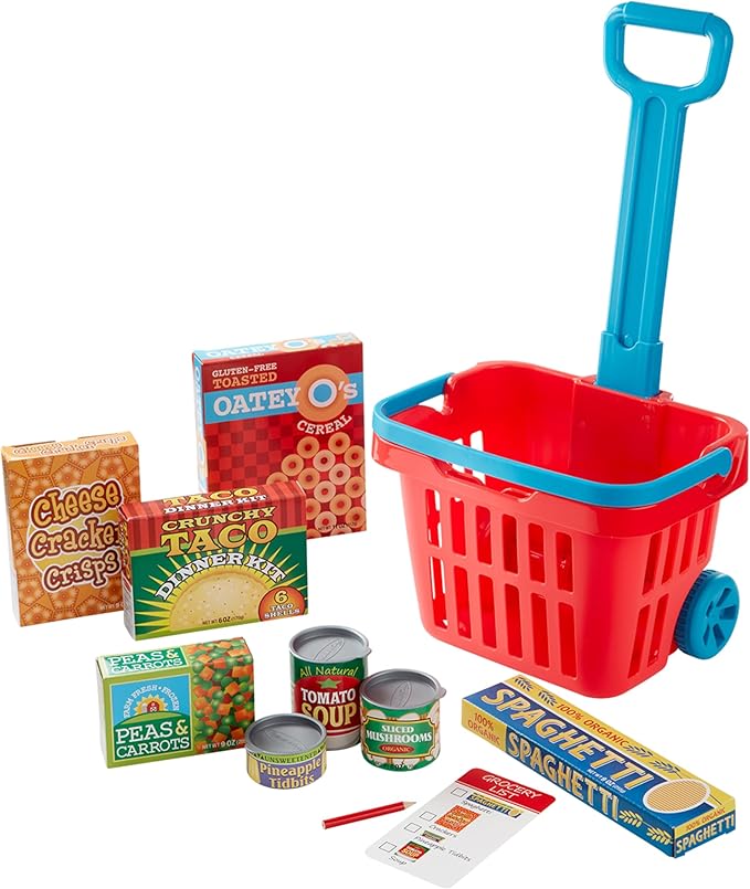 Melissa & Doug Fill and Roll Grocery Basket Play Set With Play Food Boxes and Cans (11 pcs), Frustration-Free Packaging)