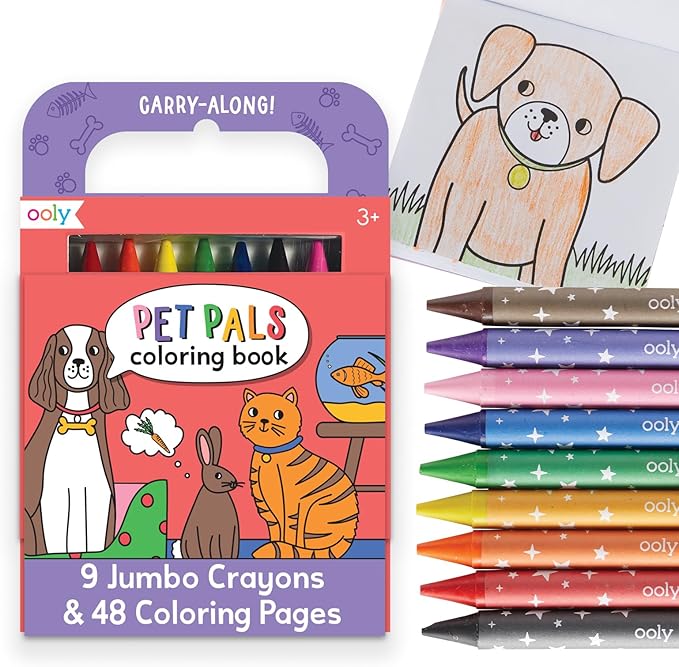 Ooly Travel Art Kit with 9 Jumbo Crayons & 48 Themed Coloring Pages & Case for Easy Traveling Art Creation, Perfect Airplane Travel Set to Entertain Kids - Pet Pals