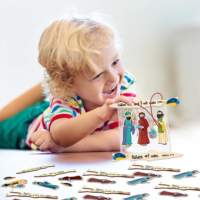 Amyhill Fishers of Men Craft for Kids First Communion Sunday School Crafts Bible Craft Kit Christian Jesus Religious Craft Supplies for Toddlers Kids and Home Activities(24 Sets)