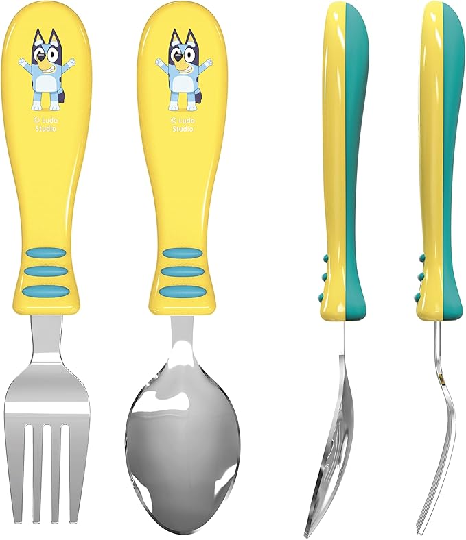 Zak Designs Bluey Kid Flatware Fun Character Art on Both Utensils, Non Slip Fork and Spoon Set is Perfect for Encouraging Picky Eaters to Finish Their Plates, 2 pack (4 PCS)