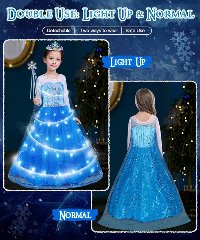 TOLOYE Princess Dresses for Girls, Light Up Elsa Anna Frozen Dress Up with Accessories for Birthday Halloween Carnival