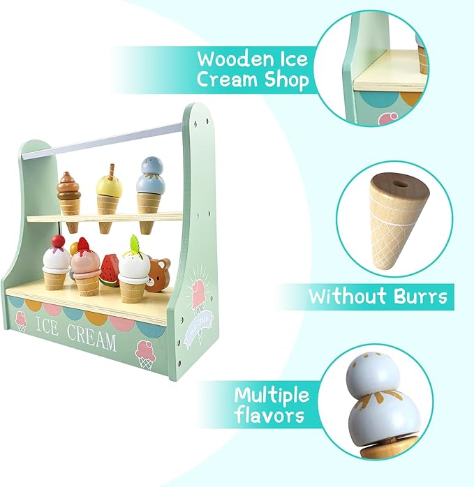 Wooden Ice Cream Play Set, Ice Cream Shop Playset for Skills Development, Ice Cream Toy,Ice Cream Play Set, Ice Cream Toy for Toddlers 3 4 5 6, for Girls and Boys