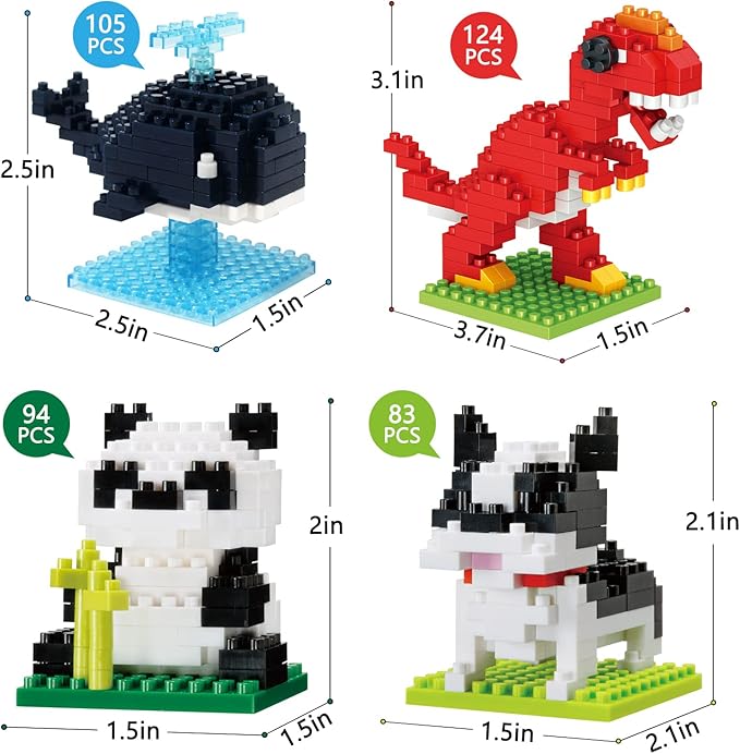 Animals Building Sets, Party Favor for Kids Small Toy Prizes, Dinosaur Whale Bulldog Panda Model Building Blocks, Birthday Party Favor Valentines Gifts for Kids Class Prize