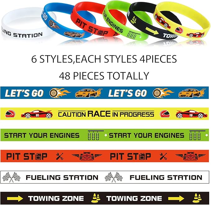 Race Cars Party Favors, Race Car Birthday Party Supplies Race Car Party Decorations Flag Rubber Bracelets Silicone Wristband for Fitness Racing Dirt Bike Task Birthday Party(24 Pack)