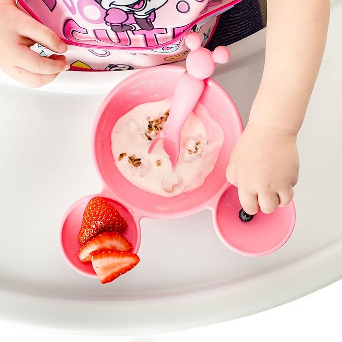 Bumkins Baby Bowls, Disney Minnie Mouse Silicone Baby Feeding Set, Suction Bowls for Baby and Toddler with Spoon, First Feeding Set, Platinum Silicone Bowl for Babies 4 Months