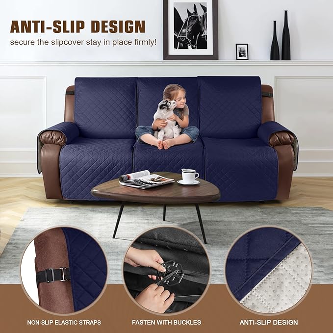 KinCam Waterproof Recliner Sofa Cover, Non-Slip Reclining Couch Covers for 3 Seat, Recliner Couch Cover Furniture Protector with Elastic Straps for Pets, Kids, Dark Blue