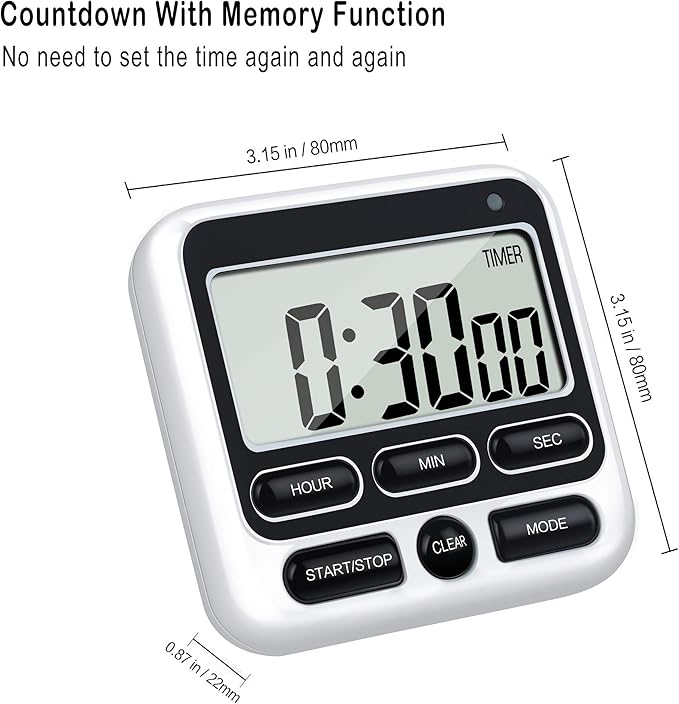 KTKUDY Digital Kitchen Timer with Mute/Loud Alarm Switch ON/Off Switch, 24 Hour Clock & Alarm, Memory Function Count Up & Count Down for Kids Teachers Cooking, Large LCD Display, Strong Magnet (Black)