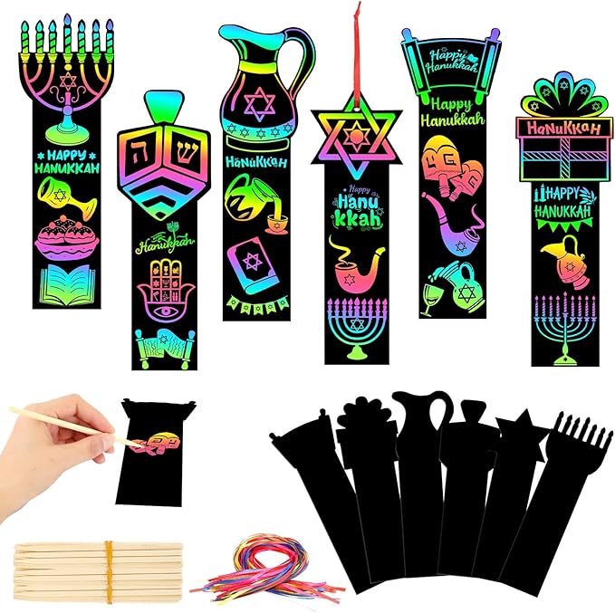 AUGSUN 96Pcs Hanukkah Crafts for Kids, Chanukah Magic Rainbow Scratch Art Bookmarks Hanukkah Gifts for Kids Home Classroom Activities Hanukkah Decorations Party Favors Games Hanging Ornaments