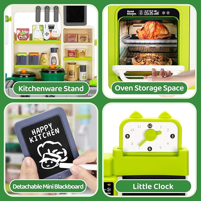 Kids Play Kitchen Set, Toddler Kitchen Playset with Sound & Light, Cooking Stove with Steam, Play Sink, Play Food Toy and Kitchen Accessories, Pretend Kitchen Toy for Kids Girls Boys 1-3