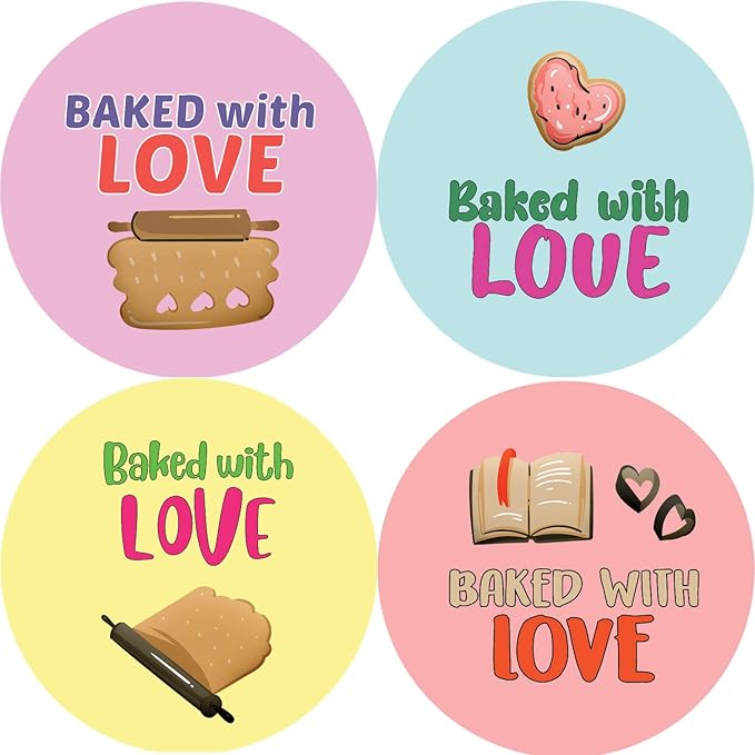 Creanoso Baked with Love Stickers (10-Sheet) - Stocking Stuffers Gift Ideas for Family, Relatives and Friends - 16 Assorted and Colorful Designs - Awesome Idea for Party Favors and Giveaways