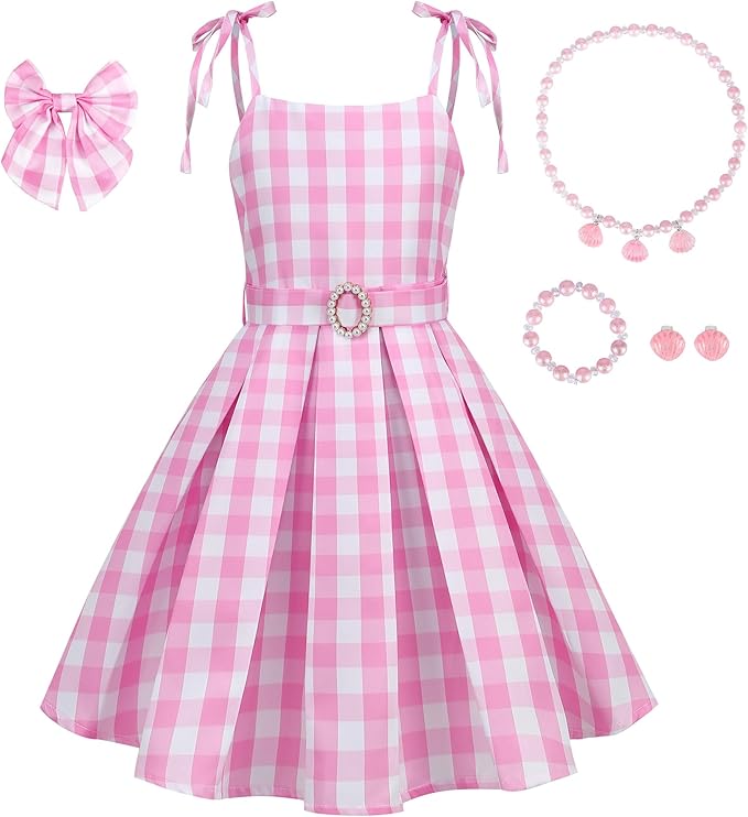 Girls Pink Costume Dress Movie Heroine Cosplay Outfit Gingham Dress for Kids Party Birthday Dress Up