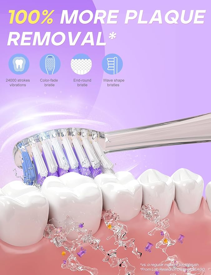 SEAGO Kids Electric Toothbrush with 2 Mins Brushing Timer and 8 Replacement Bursh Heads,Rainbow LED Light Make Brushing Fun, Blue Color Boys Battery Powerd Toothbrush for 4-12 Years Old