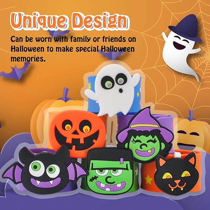 Welkin 6PCS Halloween Slap Bracelets For Kids,Colorful Silicone Bracelet, Soft and Safe Slap Bracelets Party Decorations Favors，Kids halloween Party Gift (Halloween)