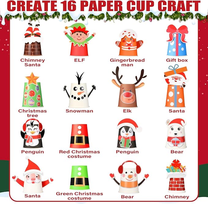 ZOIIWA 16 Pack Christmas Arts and Crafts Create Your Own Christmas Crafts Using Cups Christmas Theme Craft DIY Kit Xmas Holiday Paper Cup Art Kit Xmas Art Supplies