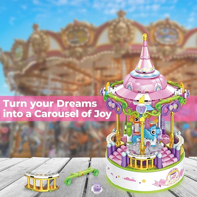 Contixo Building STEM Toys - BK02 488 PCS Carousel Music Boxes, Horse Rotating Building Blocks, Kids Building Toys for Girls Boys, Birthday Gifts for Adults, Daughter Christmas Festival Music Box
