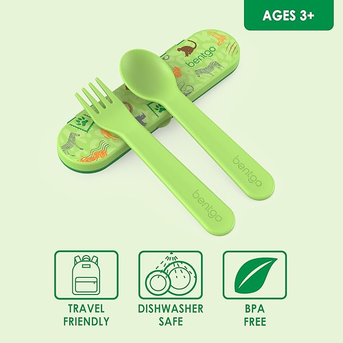 Bentgo Kids Utensil Set - Reusable Plastic Fork, Spoon & Storage Case - BPA-Free Materials, Easy-Grip Handles, Dishwasher Safe - Ideal for School Lunch, Travel, & Outdoors (Safari)