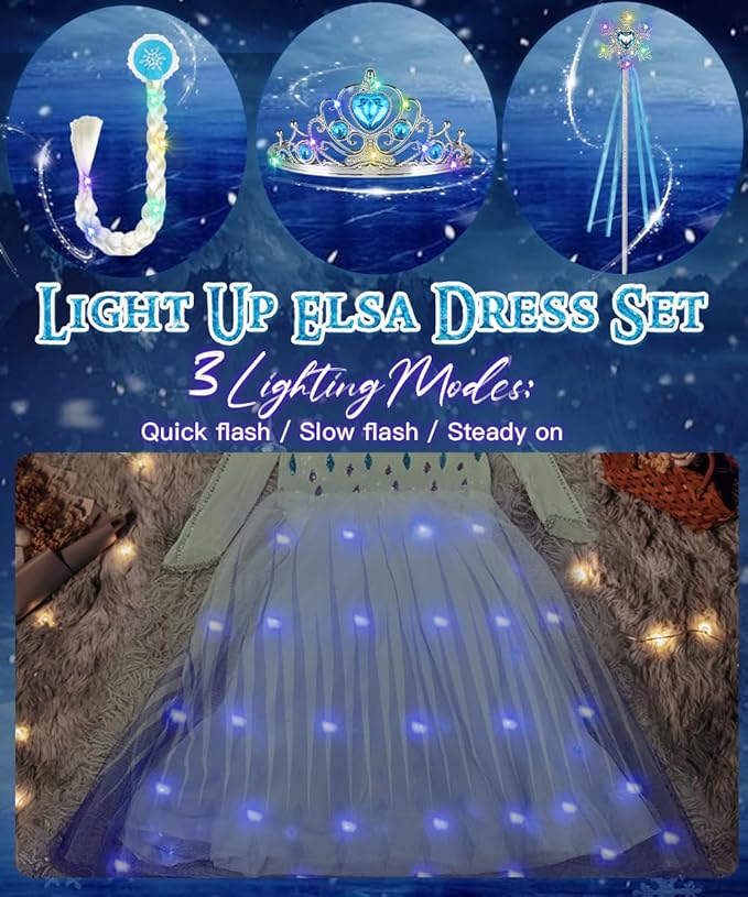 TOLOYE Princess Dresses for Girls, Light Up Elsa Anna Frozen Dress Up with Accessories for Birthday Halloween Carnival