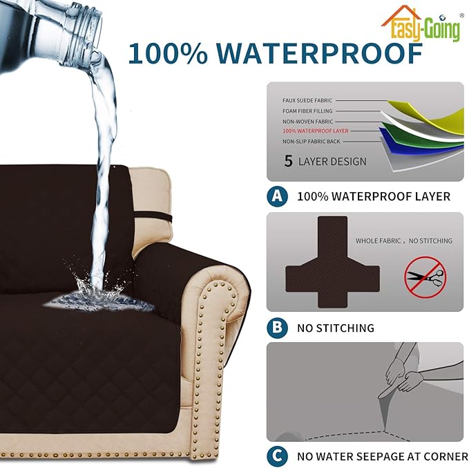 Easy-Going Sofa Slipcover Loveseat Cover Waterproof Couch Cover Washable Sofa Cover for 2 Cushion Couch Non-Slip Fabric Furniture Protector with Pocket for Pets Kids Dog Cat (Loveseat, Chocolate)