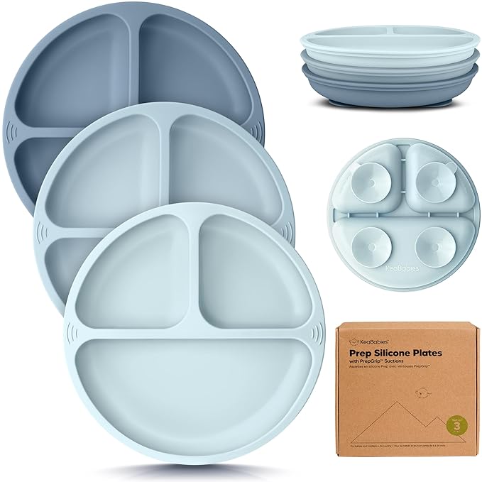 KeaBabies Suction Plates for Baby, Toddler - 3-Pack 100% Silicone Toddler Plates, Divided Baby Plates with Suction, Silicone Plates for Baby, Kids, BPA-Free, Microwave, Dishwasher Safe (Alps)