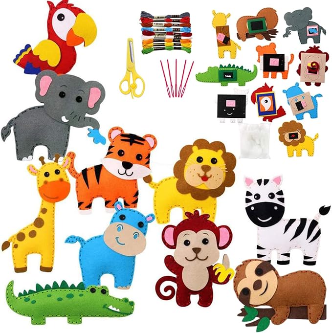 Jungle Animals Sewing Craft Kit for Kids Craft for Girls and Boys Sewing Stuffed Animal Felt Plush Ornaments for Beginners Set of 10