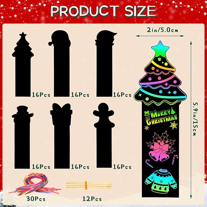 AUGSUN 96Pcs Christmas Scratch Bookmarks, Cute Christmas Tree Santa Snowman DIY Crafts Kit Rainbow Magic Scratch Paper Art for Xmas Hanging Ornaments Christmas Party Favors