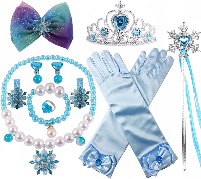 Princess Elsa Costume Dress up Accessories for Girls Cosplay Accessories Christmas Gifts Set Gloves Tiara Crown Necklace Wand (Blue02)
