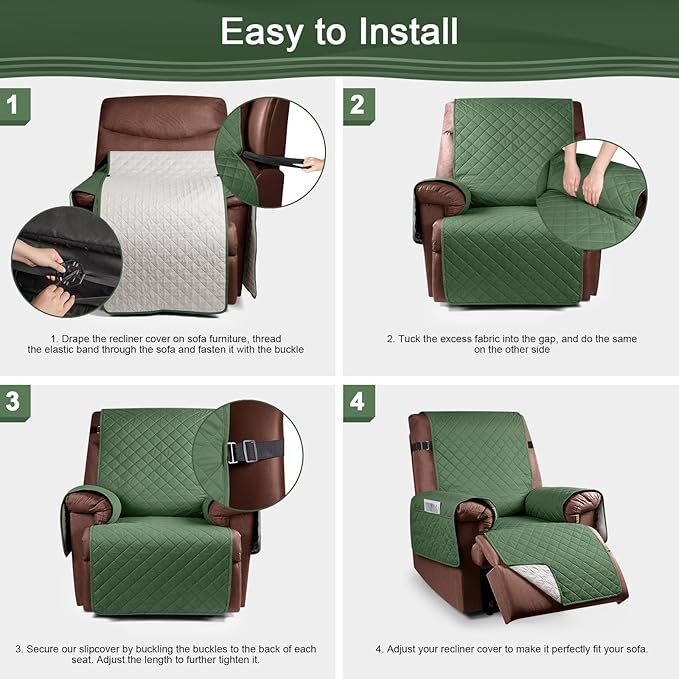 KinCam 100% Waterproof Recliner Chair Cover, Reclining Couch Covers for Pets, Dogs, Recliner Couch Slipcover Furniture Protector with Elastic Straps for Kids(28", Vine Green)