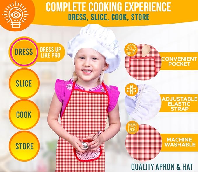 FUNERICA Toddler Kitchen Accessories Playset with Cutting Food Vegetables - Stainless-Steel Play Pots & Utensils - Apron & Chef Hat - Toy Knife & Cutting Board (Apron: Red. Checkerboard Design)