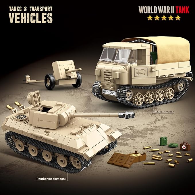 WW2 Panther Medium Tank & RSO Tractor Vehicle Building Blocks, Compatible with Lego Military Set, Great Army Gift for Kids and Teens Over 8 Years Old (1078 Pieces)