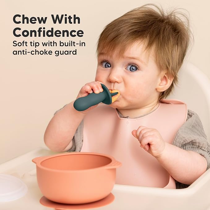 KeaBabies 4-Pack Silicone Baby Spoons and Forks Set - Baby Spoon Self Feeding, BLW Baby Utensils 6-12 Months, Baby Led Weaning Feeding Spoon, Teething Infant Baby First Food Training Pre Spoon (Rocky)