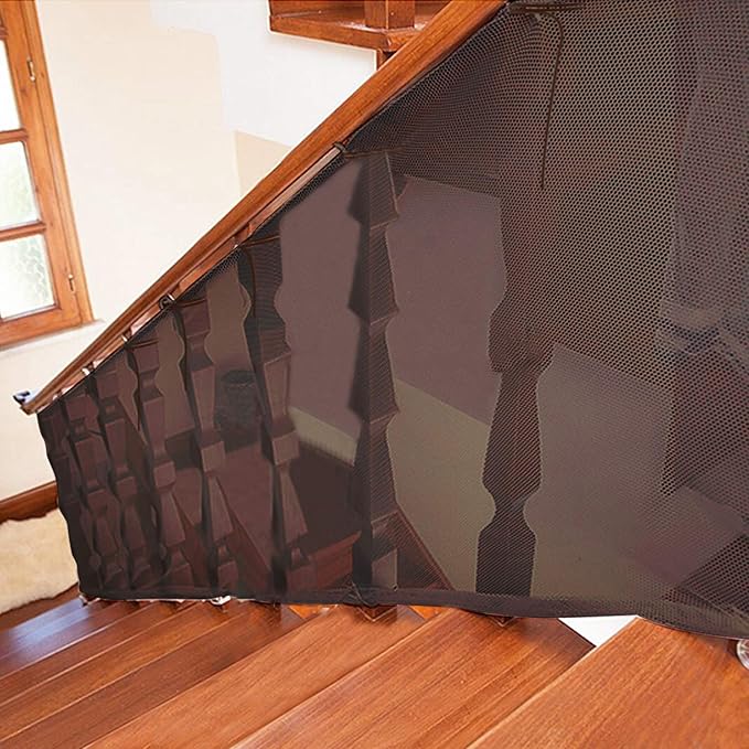 Child Safety Net - 10ft L x 2.5ft H, Balcony, Patios and Railing Stairs Netting, Safe Rail Net for Kids/Pet/Toy, Sturdy Mesh Fabric Material (Brown)