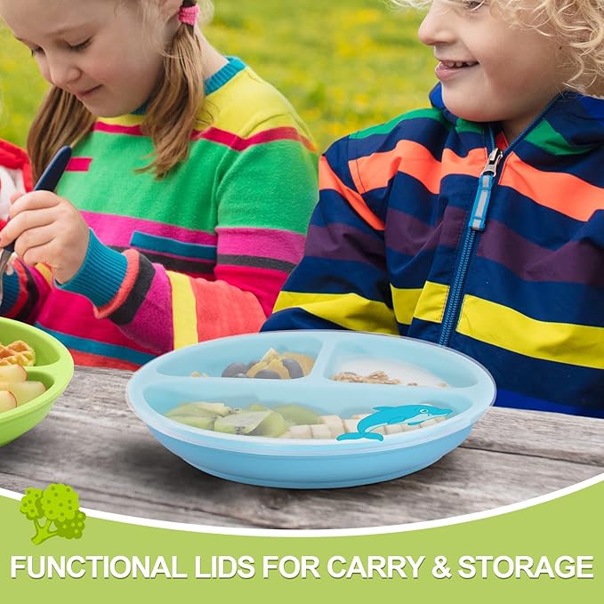 VITEVER 4 Pack Suction Plates with Lids for Baby & Toddler, 100% Food-Grade Silicone, Divided Design, Microwave & Dishwasher Safe