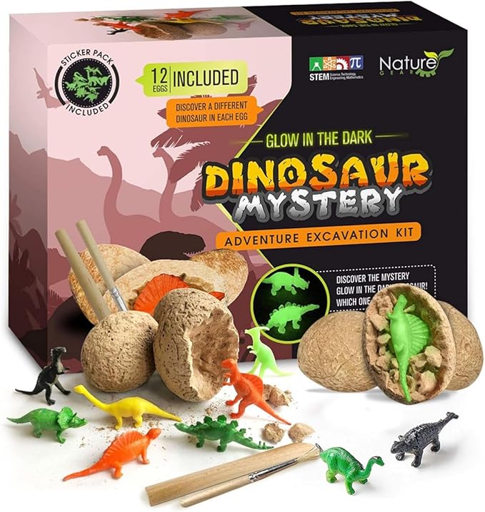 Nature Gear Dino Dig Kit for Kids, Dinosaur Eggs Digging Kit, Educational Egg Excavation Kit with 12 Glow in The Dark Mystery Dinosaurs, Interactive Archaeology Fossil Toy for Kids Age 3-5 and Up