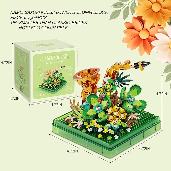 Saxophone Mini Building Block Sets with Colorful Flower Decor, Micro Building Sets with Dust Cover,Gift for Girl,Lover,Mother, Home Office Decor Kit Suit for Kids and Adult Aged 8+(Saxophone)