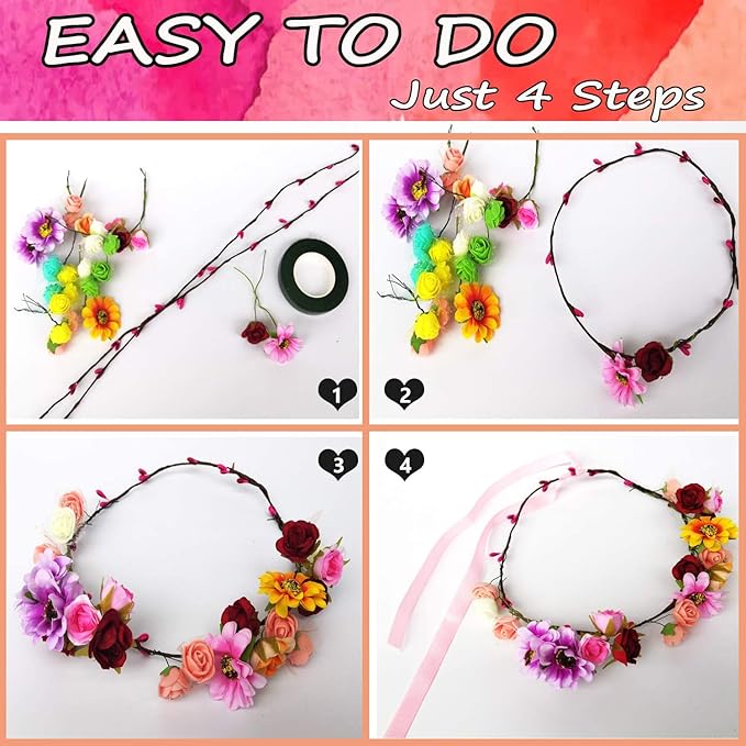 WUBOMJIO Flower Crowns Craft Kit, Make Your Own 12 PCs Flower Crowns Garland Handmade Arts and Crafts for Kids, DIY Fairy Flower Headbands and Bracelets,Hair Accessories Gift for Girls/Teens/Women