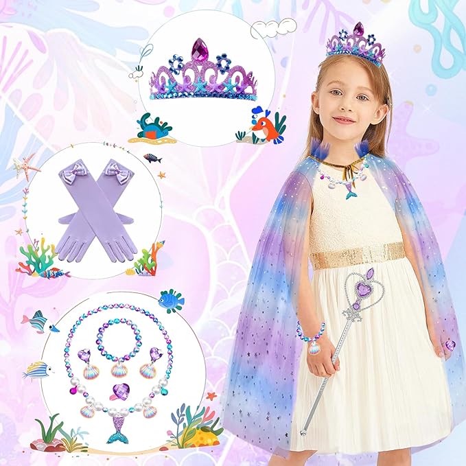 Mermaid Toddler Toys for Ages 4-6, Princess Dress Up for Girls 3-8, 10Pcs Shiny Princess Cape Set Toys for Little Girls 3 4 5 6 7, Kid Toys for Christmas Gifts Birthday Party Favors Pretend Play