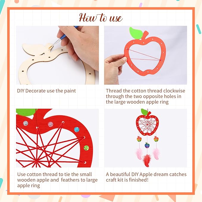 Fennoral 6 Pack Apple Dream Catcher Craft Kit for Kids Paint You Own Dream Catcher DIY Coloring Wooden Back to School Art and Craft for Classroom Art Activity First Day of School Decoration